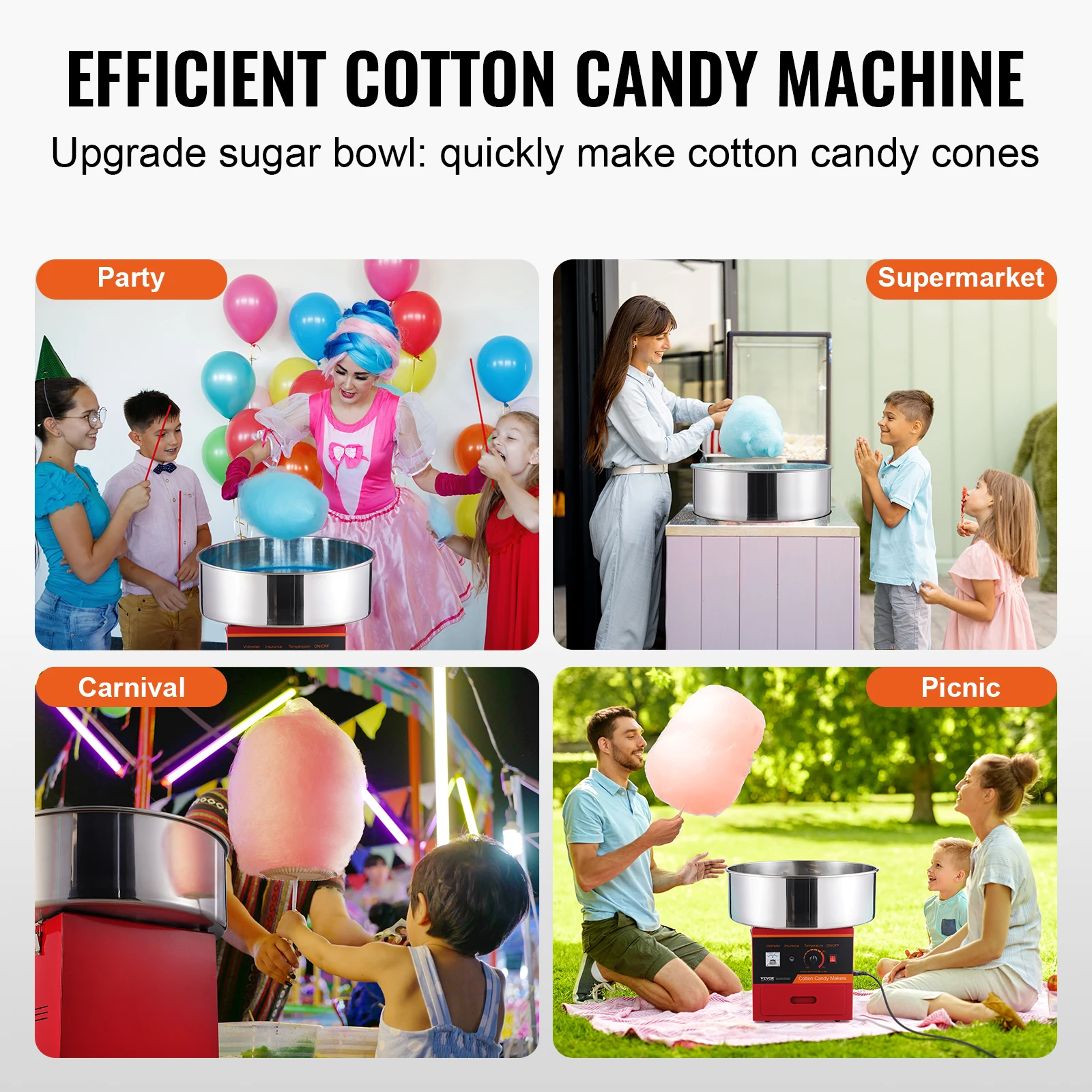 VEVOR 1000W Electric Cotton Candy Machine Commercial Candy Floss Maker with Stainless Steel Bowl Sugar Scoop and Drawer Red Blue