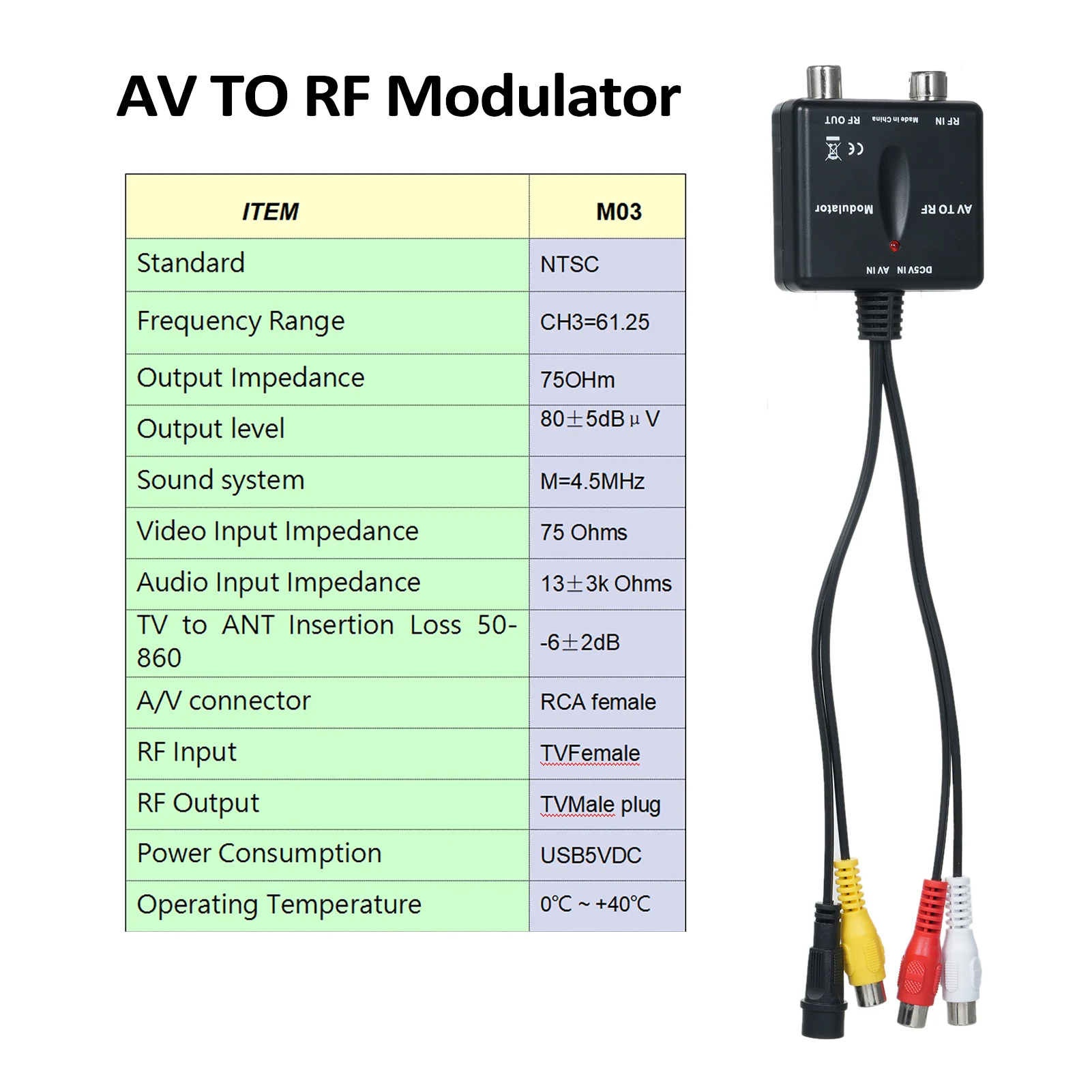 RF Modulator AV To RF Modulator Output NTSC CH3 Channels PLL Controlled VHF Operating Frequency M03 VHF Demodulator Converter