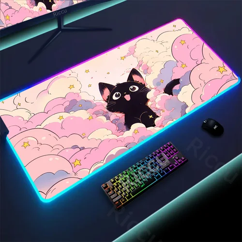Imagen 1 del producto Alfombrilla de ratón RGB con diseño de gato y nube rosa, tapete de escritorio con retroiluminación LED para teclado de juegos, accesorios de oficina para ordenador, alfombrilla de ratón de Anime Kawaii