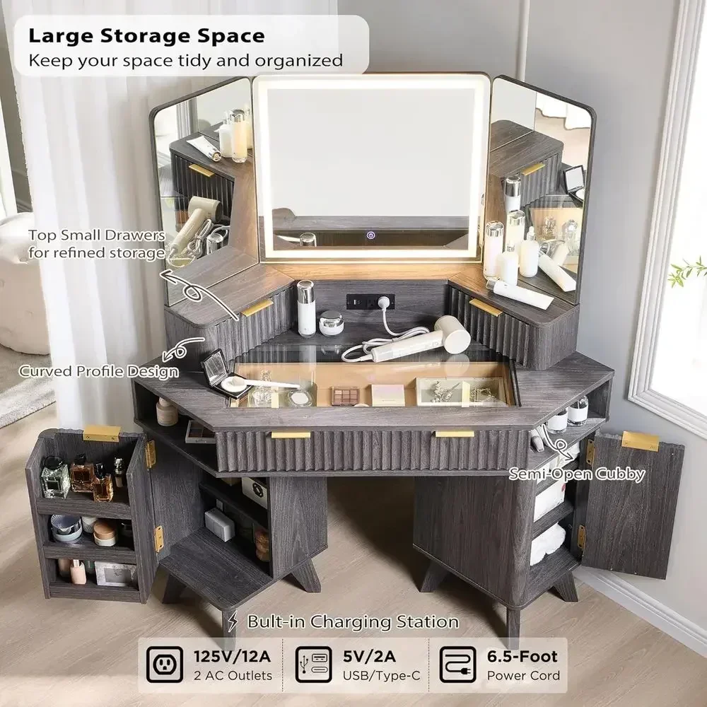48 Large Makeup Vanity Desk with 3-Way Mirror, Lighting, Charging Station, Storage, and Shelves for Bedroom, Crafted in Alder Wo