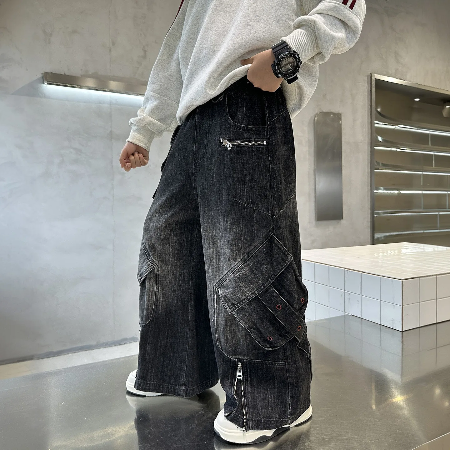 Teenager Boys Workwear Style Denim Pants Children Zipper Wide-Leg Casual Loose Long Trousers Autumn American Retro Fashion