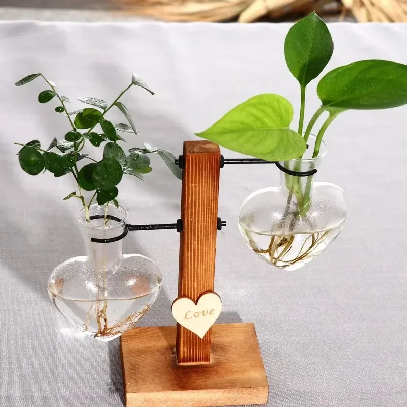 Wooden Flower Rack Water Planting Glass Vase Propagation Vessel Station Home Decoration Crafts Hydroponic Vase Plant Terrace