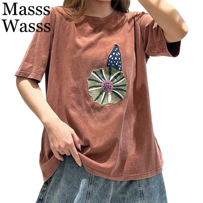 

Модные свободные футболки с круглым вырезом Masss Wasss, женская классическая винтажная одежда с вышивкой, летние повседневные топы в корейском стиле для женщин