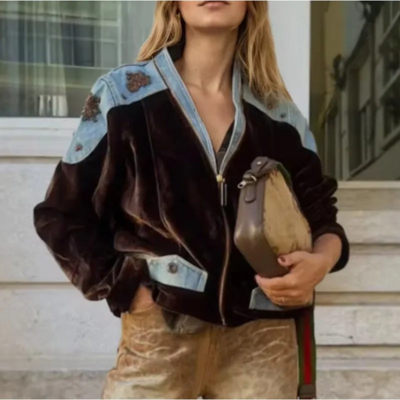 Vintage Velvet Color Block Spliced Jacket V Neck Zip Up Beaded Embroidery Denim Patchwork Cropped Streetwear Outerwear 260701