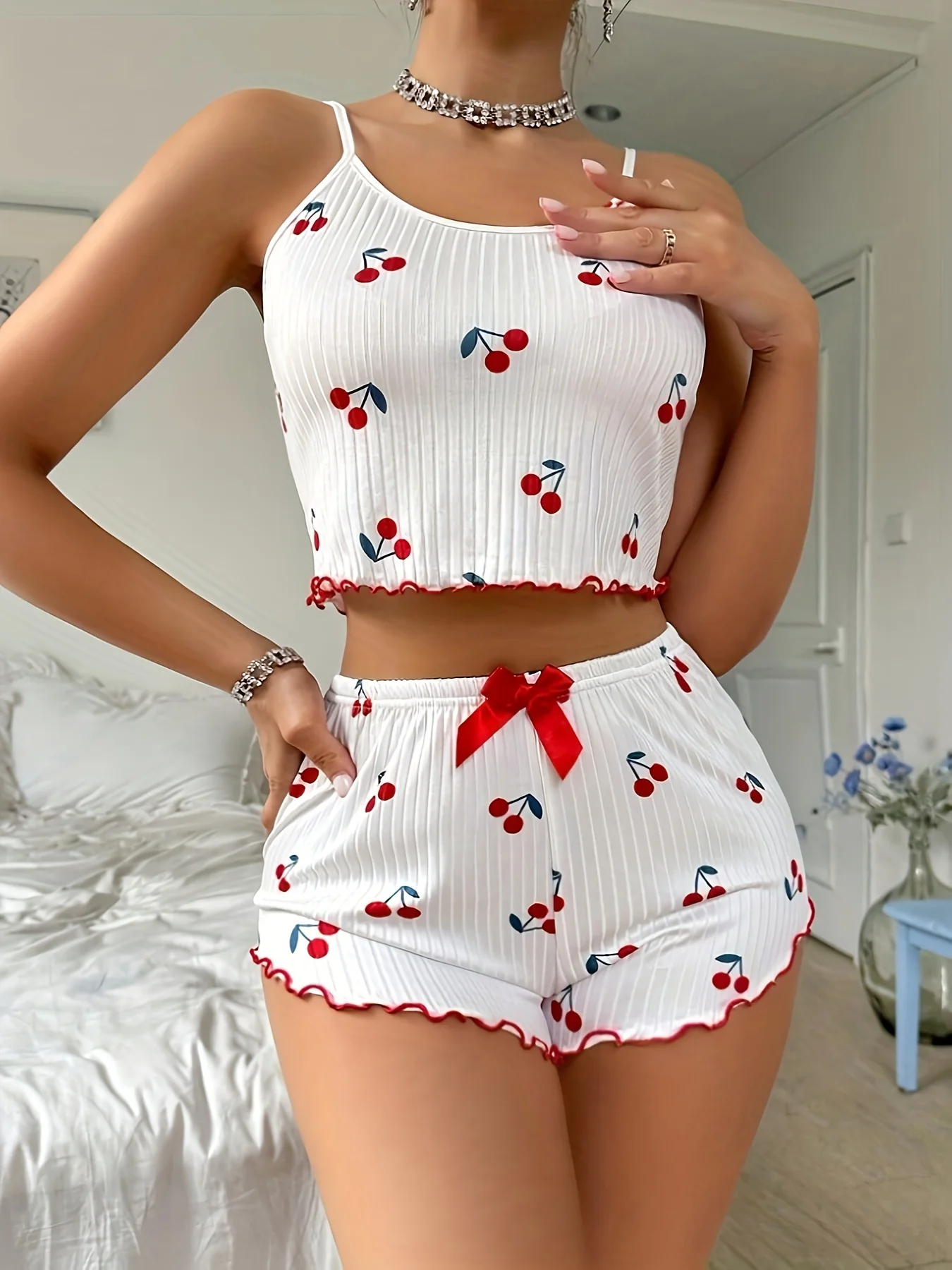 Sleepwear Women's Casual Underwear Strawberry Print Camisole and Shorts Pajama Set Ventilate Soft Loungewear