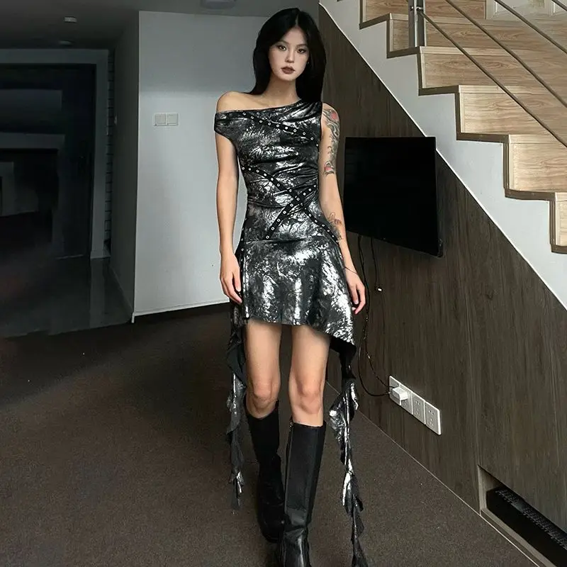 

Gothic Style Tie-dyed Metallic Ruffle Skirt, Slim-fitting Off-shoulder Irregular Fashionable Sexy Dress for Women
