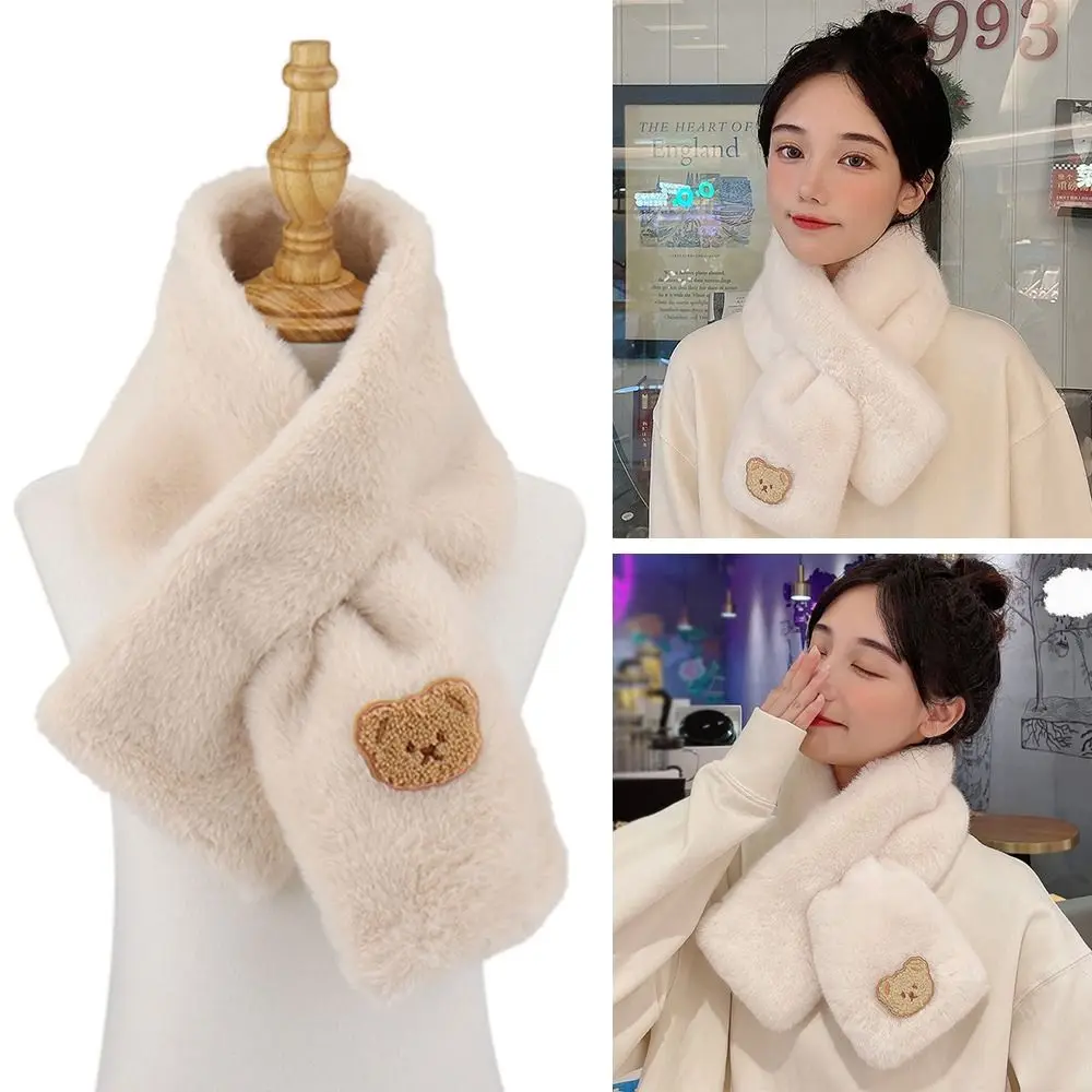 Women Winter Warm Thicken Cross Collar Scarf Cute Bear Solid Color Faux Rabbit Fur Plush Elegant Shawl Scarfs