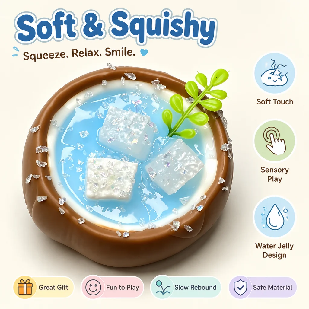 Blue Liquid Coconut Cup Squishy Toy Food Grade Silicone Soft Pinch Toy Realistic Drink Shape Stress Relief Hand Toy For Kids