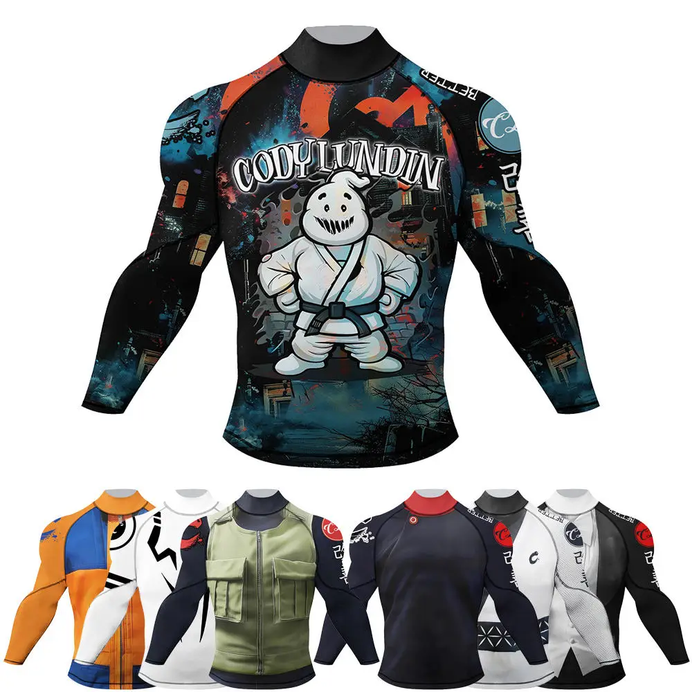 Camiseta MMA Rash Guard con parte inferior de goma antideslizante, camisas tipo kimono duraderas Jiu Jitsu para hombre, ropa deportiva de boxeo BJJ Rashguard