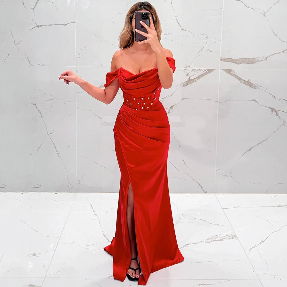

Sexy Red Side Slit Mermaid Evening Dress with Pearls Elegant Off Shoulder Pleats Satin Special Occasion Prom Dress Customized