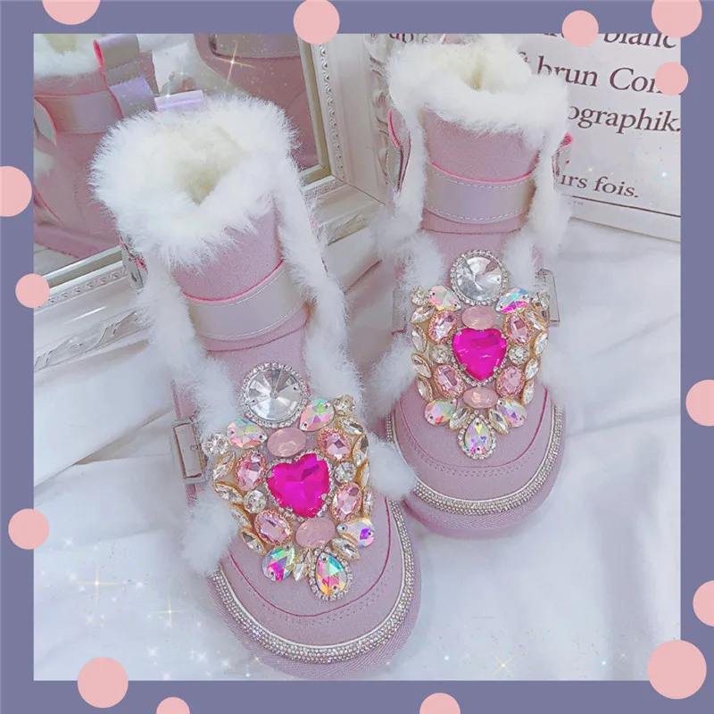 Winter thickened diamond-encrusted fairy pink short tube warm cotton boots