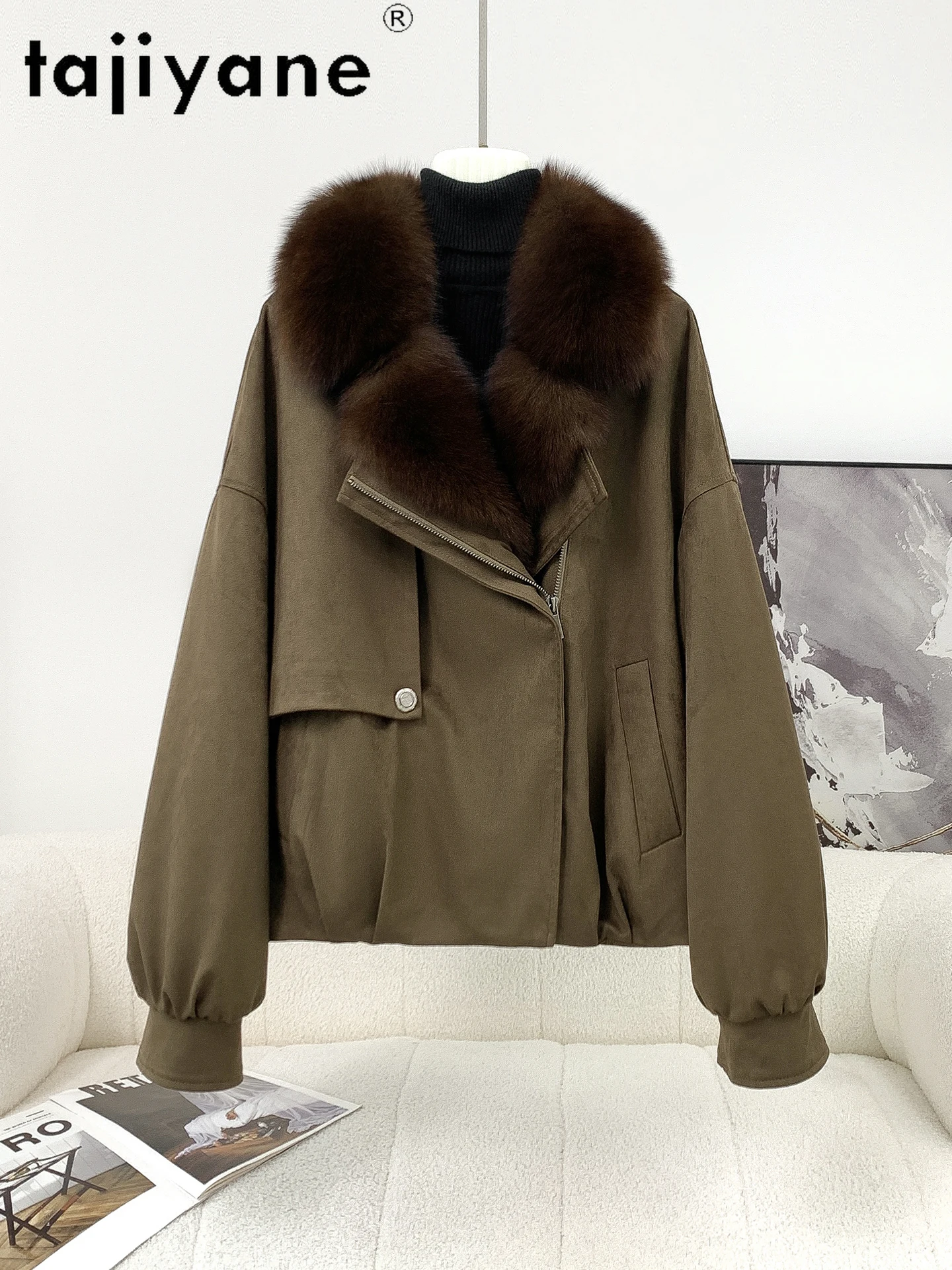 Tafiyane casacos de penas de ganso feminino luxo gola de pele de raposa jaquetas de camurça premium senhoras outerwears 2025 inverno roupas femininas domaхоislav