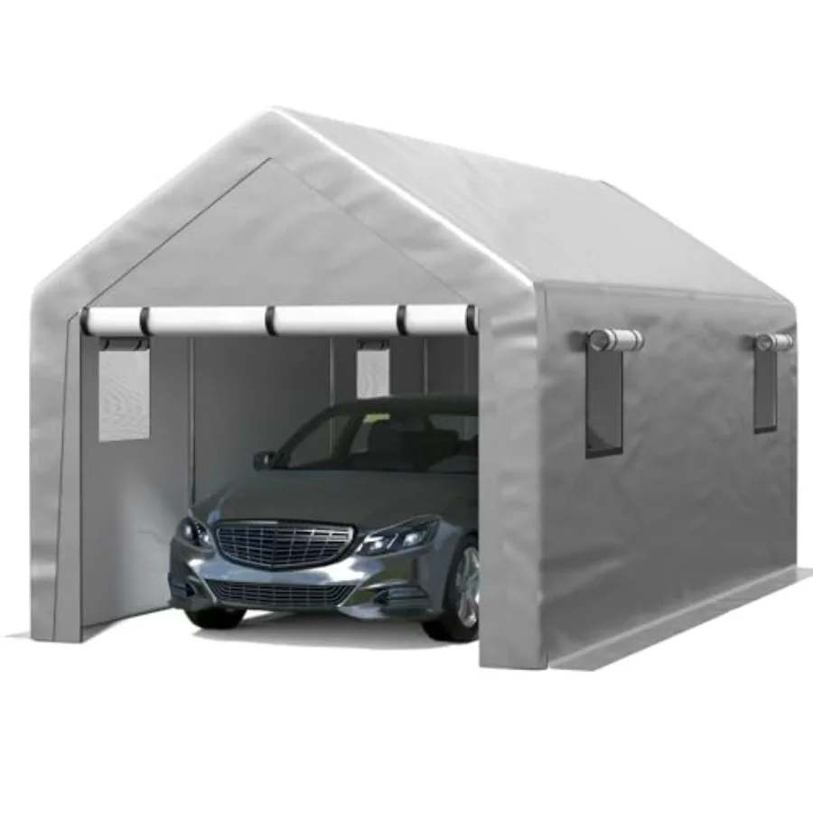 Carport 10x20 ft for outdoor vehicle storage, heavy-duty polyethylene tarp, gray, roll-up windows + removable sidewalls/doors +