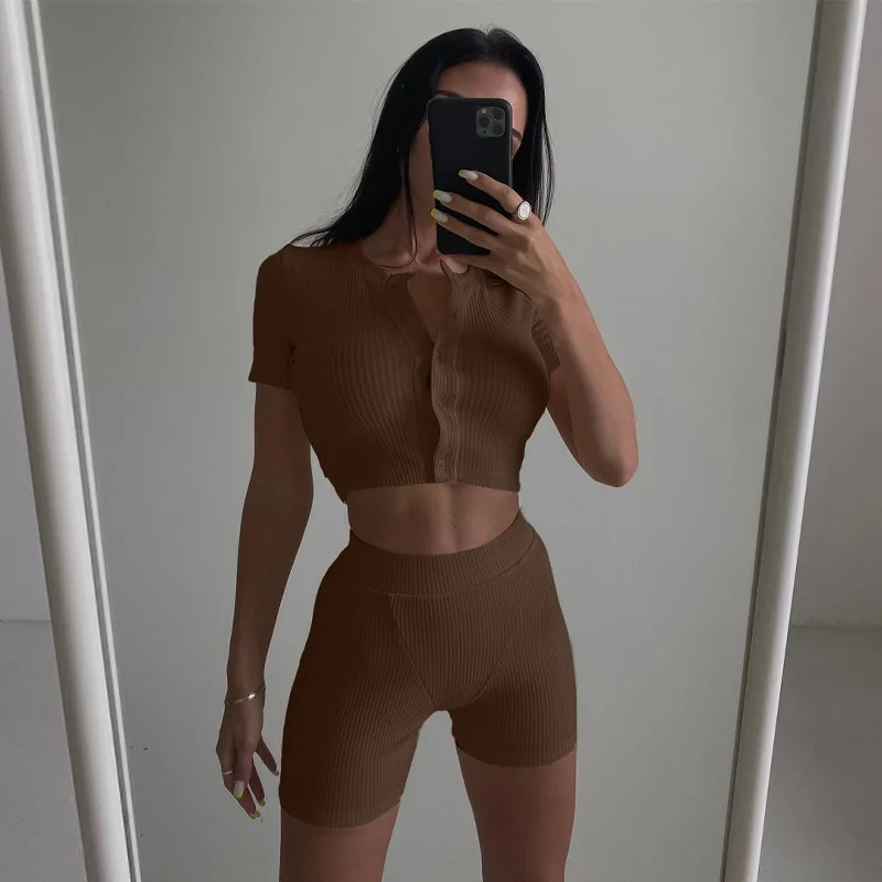 European and American style 2022 summer new women's short sleeve urban slim pure color shorts sports casual Korean suit women17