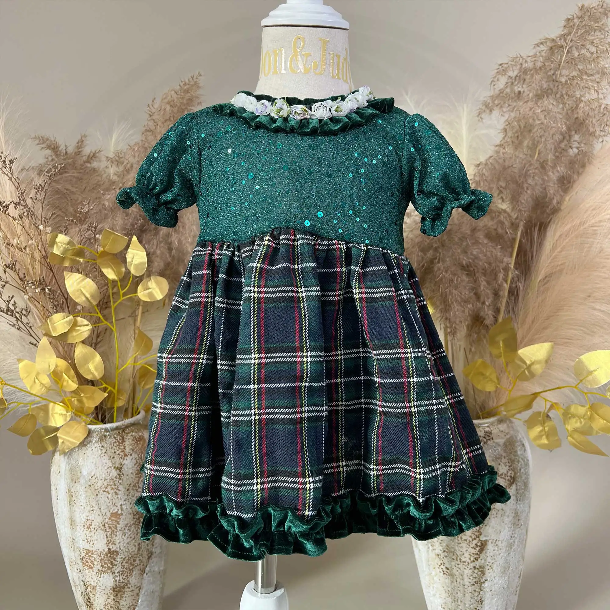 Glitter Sequined Puff Sleeves with Checkered Dress Girls Kids Party Wear Dresses Costume for Children 2024 New Christmas Clothe