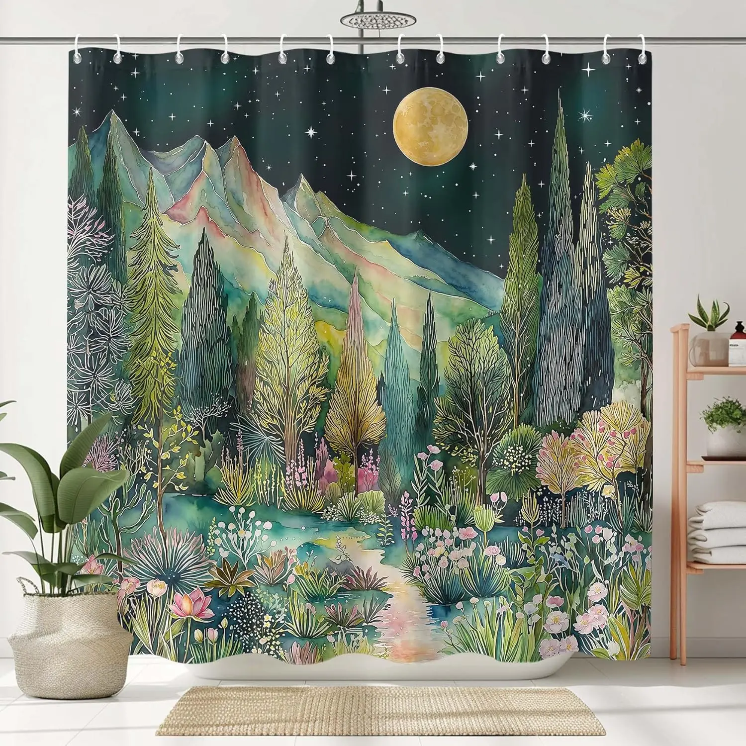 Magical Night Forest Shower Curtain, Watercolor Mountain Landscape with Full Moon and Stars, Waterproof Fabric Bath Curtain