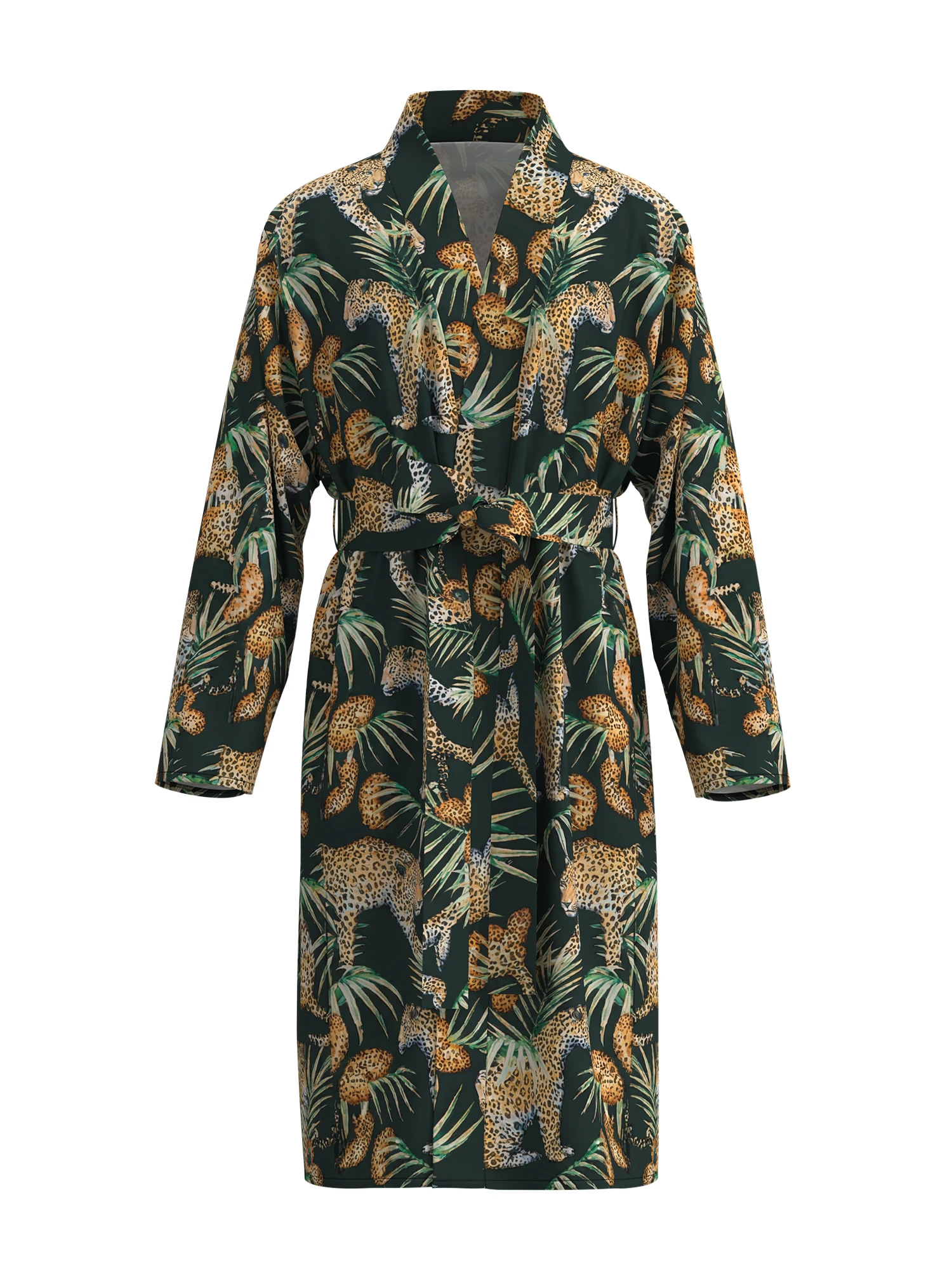 

Men's Jungle Leopard Print Kimono Bathrobe, Exotic Tropical Pattern Long Sleeve Loungewear, Casual Homewear & Spa Robe