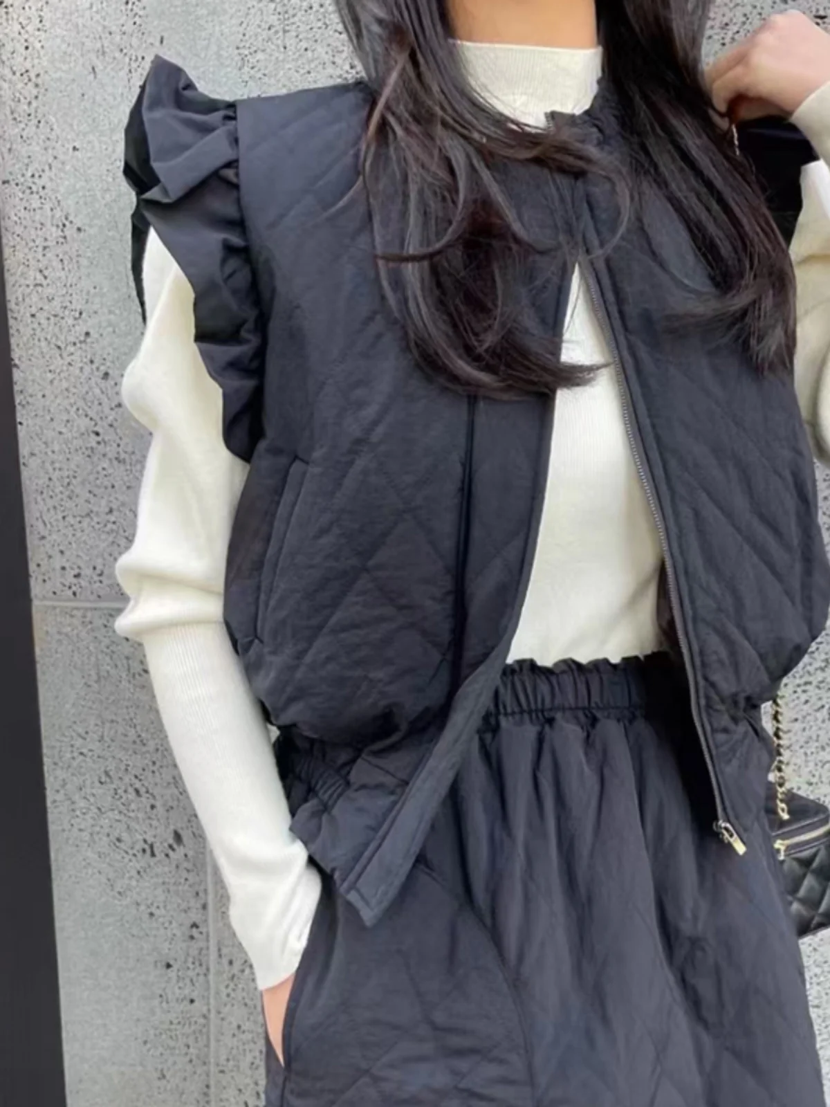 Winter Fashion High-End Diamond Plaid Cotton Vest Thickened Cotton Jacket Half Skirt Set with Wood Grain  Zipper round Neck