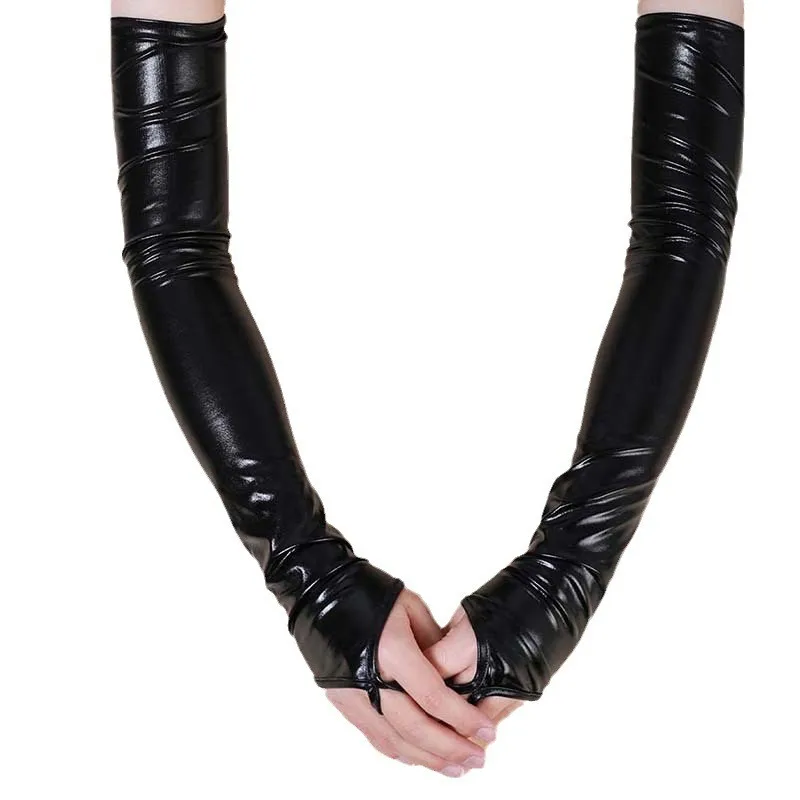 Sexy Women's Lacquer Leather Gloves Halloween Cosplay Nightclub Stage Performance Pole Dance Arm Sleeves Hook Finger Long Mitten