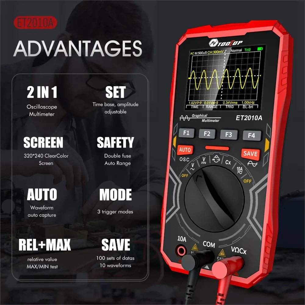 TOOLTOP ET2010A 1MHz 2.5Mps/s Handheld Oscilloscope 4000 Counts Multimeter Voltmeter Ammeter Auto Electrical DIY Oscilloscope