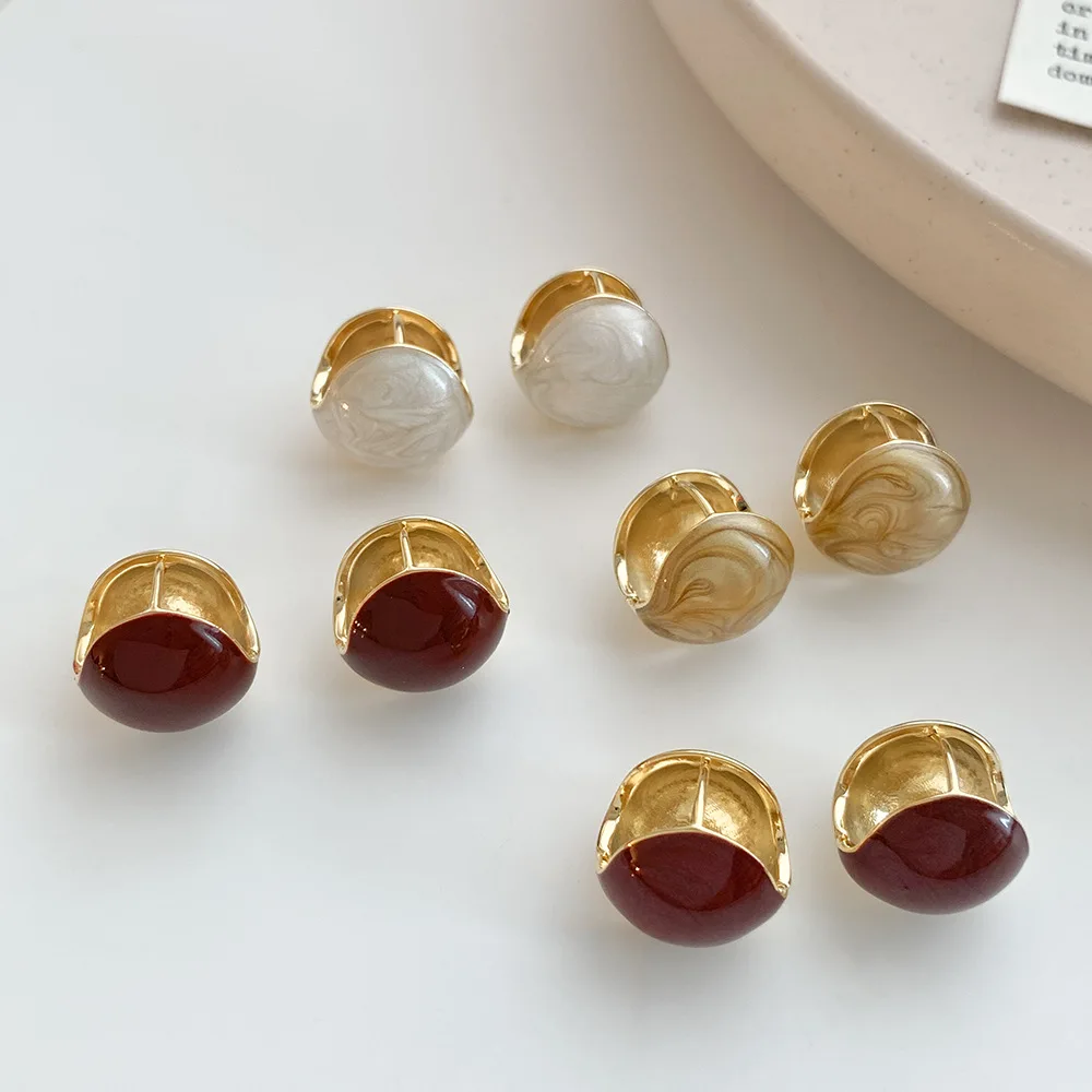 Vintage Stud Earrings with Enamel Drop in Burgundy, Caramel Color, and Gold Metal Balls for a Retro, Luxurious Look