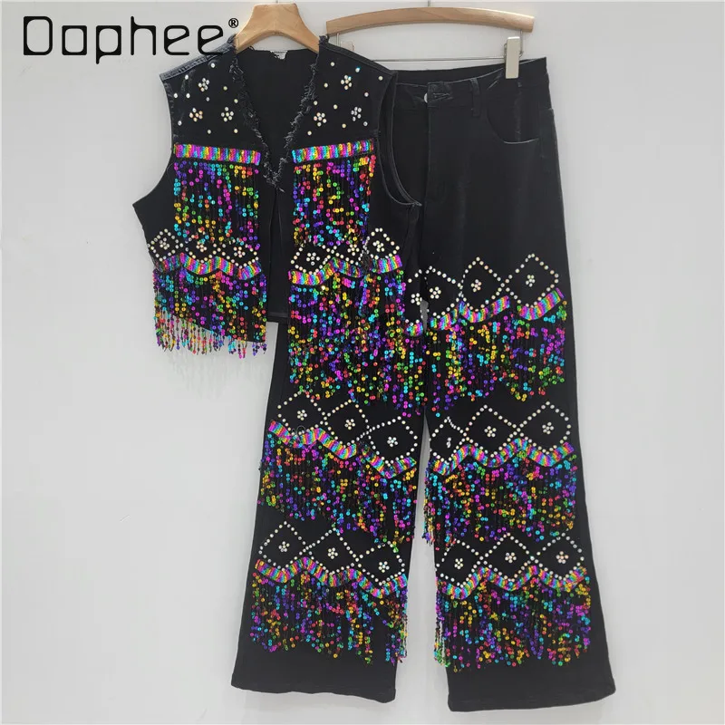 

European American Heavy Industry Color Sparkling Sequins Single-breasted Sleeveless Denim Vest Straight Pants Denim Suit Women