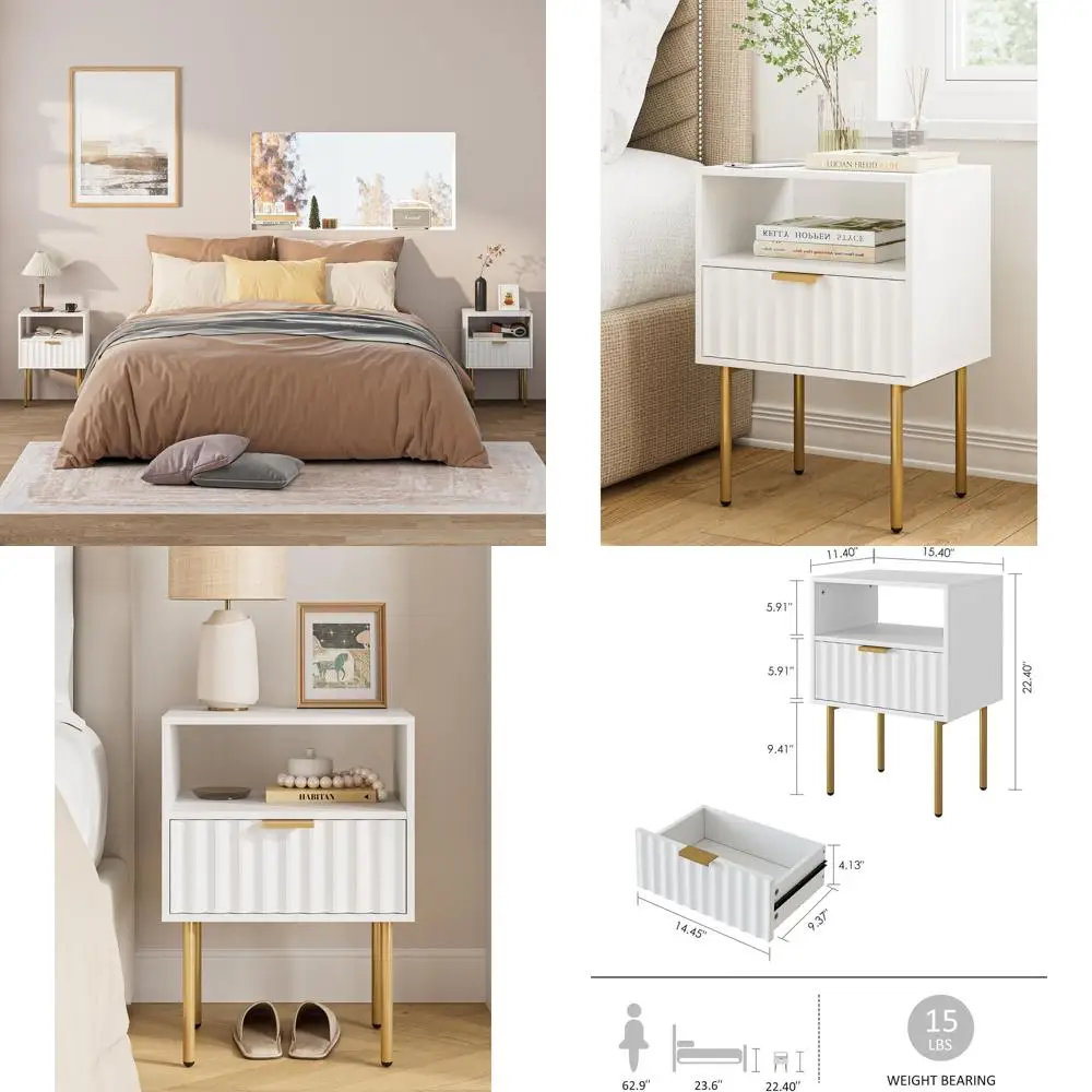 

Contemporary White Drawer and Shelf Nightstand with Gold Accents for Bedroom & Living Room