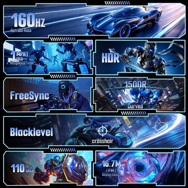 24 inch gebogen 160 Hz gamingmonitor, 1500R gebogen FHD 1080P, MPRT 1 ms snel VA-scherm, Freesync, HDR DP1.4, VESA-ondersteuning