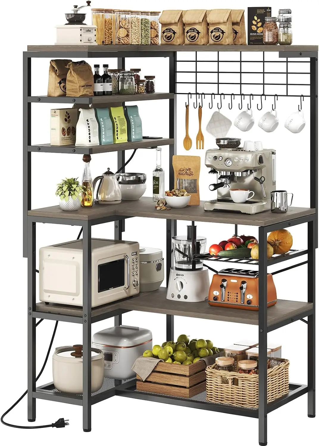 L-Shaped Baker's Rack Featuring Integrated Power Outlets to Optimize Kitchen Storage and Organization Space