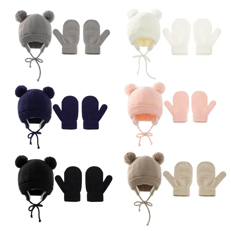 Baby Hats Gloves Acrylic Knitted Solid Color Cute Bear Hats Thick Warm Baby Girls/Boys Hats