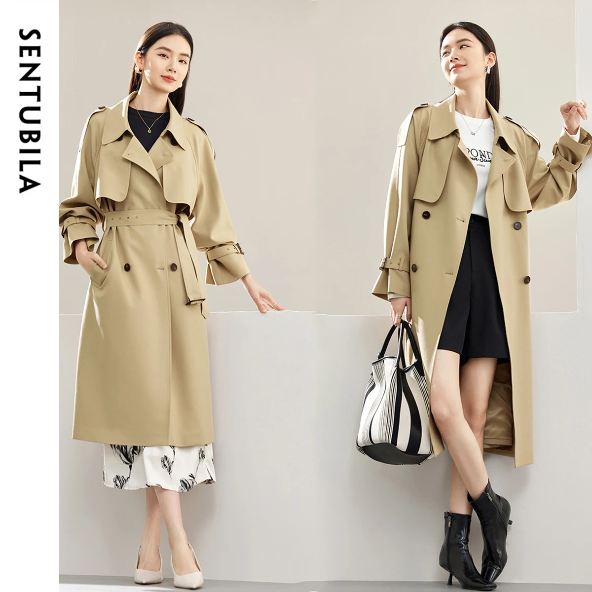 

SENTUBILA Korean Style Commute Trench Coat for Women 2025 Spring Fashion Double Breasted Mid-length Overcoat with Belt 141F53103