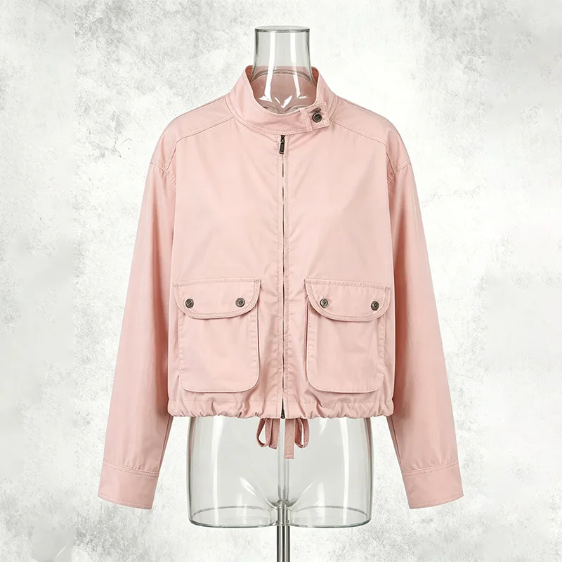 ZAMOR HIGH STREET Women's Stand Collar Bomber Jacket 2026 New Windproof Button Big Pocket Long Sleeve Solid Color Outerwear