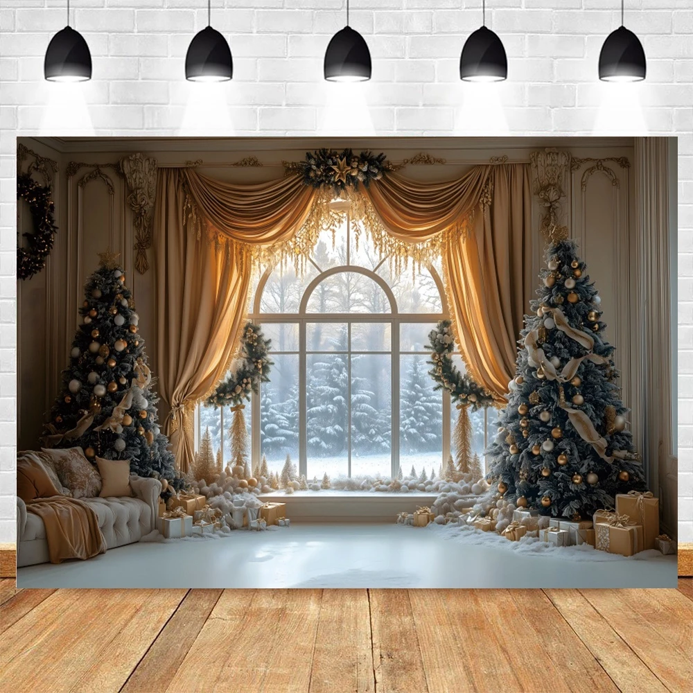 Indoor Christmas Photography Backdrop Window Custains Sofa Christmas Tree Party Decor Background Kid Family Portrait Photo Props