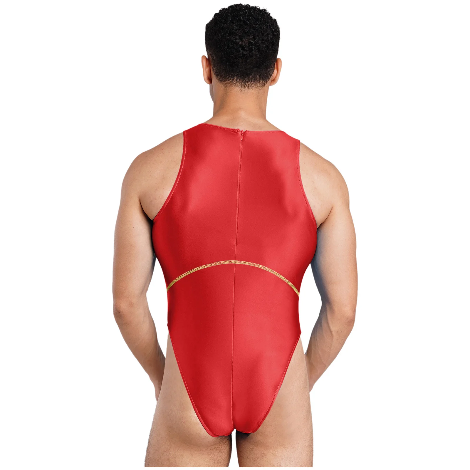 Herren-Lingerie Ölglänzender Einteiliger Badeanzug Farbblock-Nähte Ärmellos Hochgeschnittener Bodysuit Bademode – Detail 6