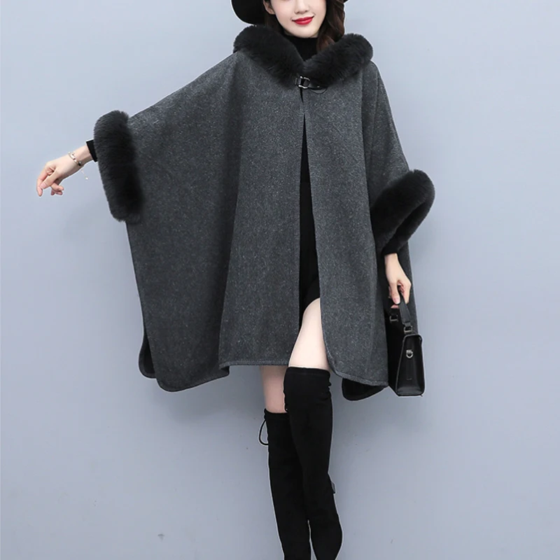 

Autumn Winter Fur Coat Women's Poncho Jacket Loose Bat Sleeve Warm Cape Overcoat Long Cloak Outwear Casual Shawl Female