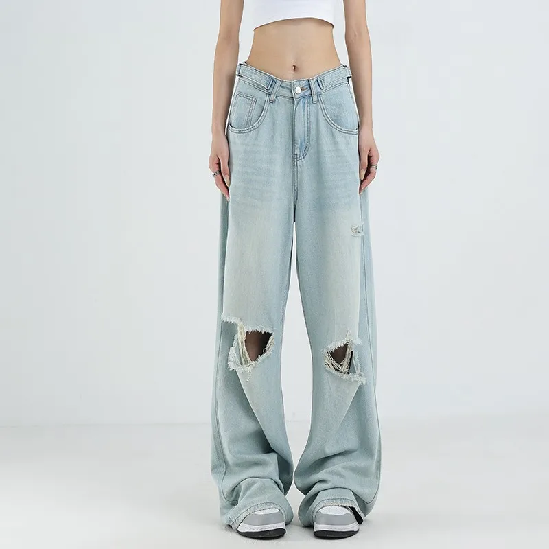 WCFCX STUDIO Vintage High-Waist Ripped Women's Denim Pants Blue Harajuku Jeans Waist Design Baggy Wide-Leg Pants Women's