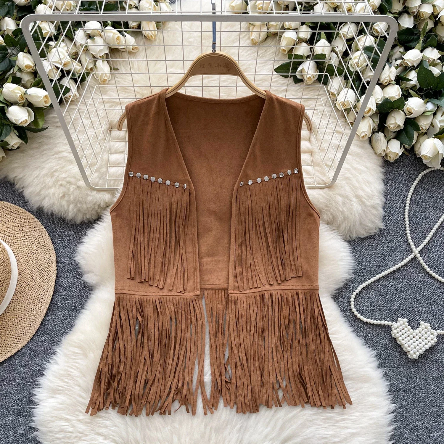 Chic Embroidery Tassels Rhine Stone Sleeveless Tank Top Sweet Elegant Korean Fashion Shirt Women Top