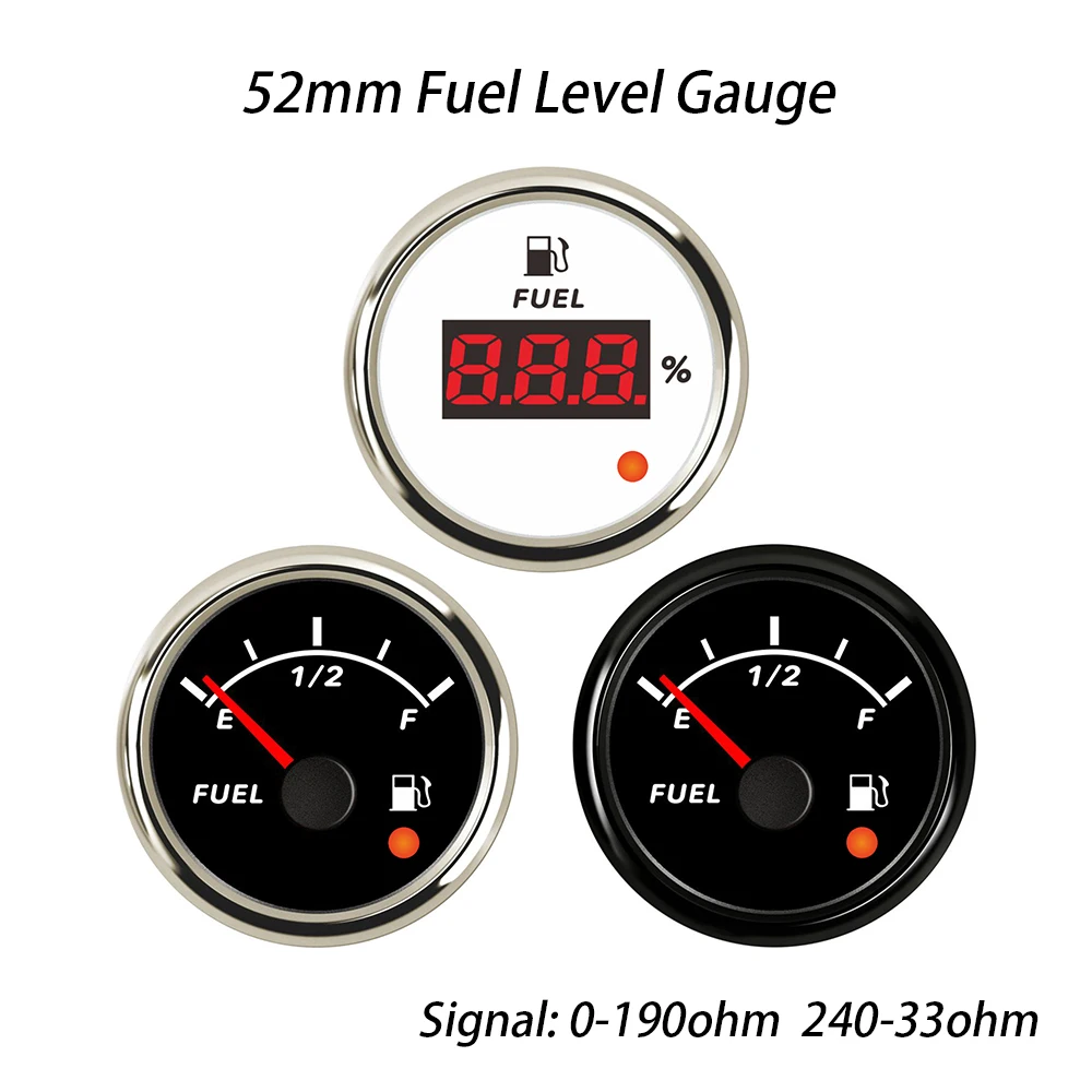 Popular 52mm Fuel Level Gauge Meter 0-190ohm 240-33ohm with 8 Colors Backlight and Alarm for Truck Ships Car