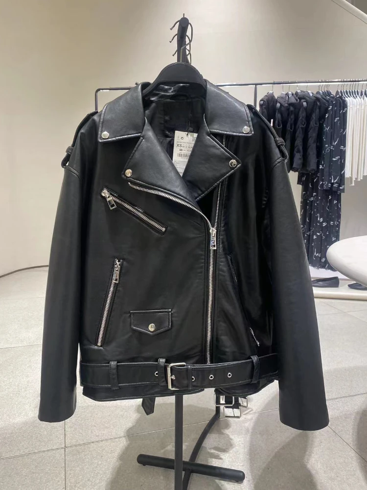 FTLZZ New Spring Autumn Motorcycle Pu Jacket Women Streetwear Lapel Zipper Faux Leather Coat with Belt Lady Casual Black Outwear