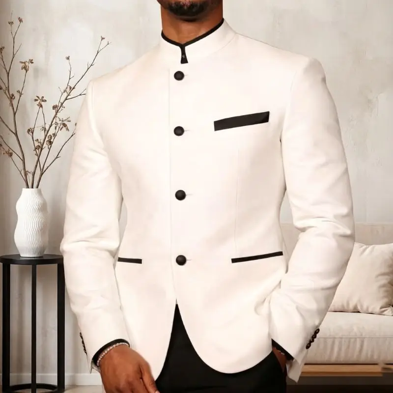 

Suits for Men Slim Fit 2 Pieces Single Breasted Formal Tuxedo Mandarin Stand Collar Round Buttons Wedding Corporate Awards Wear