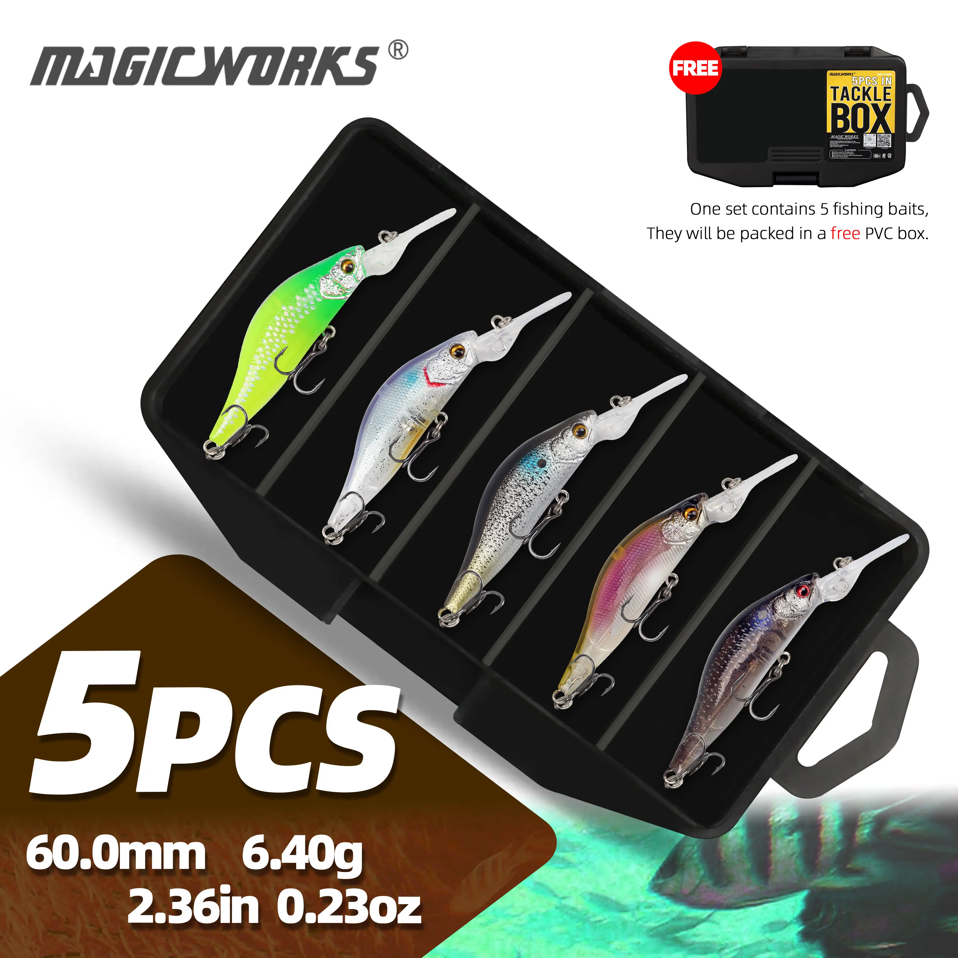 

Magic Works 5pcs Minnow Lure Set 60mm 6.4g Suspending Jerkbait Long Lip Wobbler for Pike Bass Artificial Fishing Lures Hard Bait
