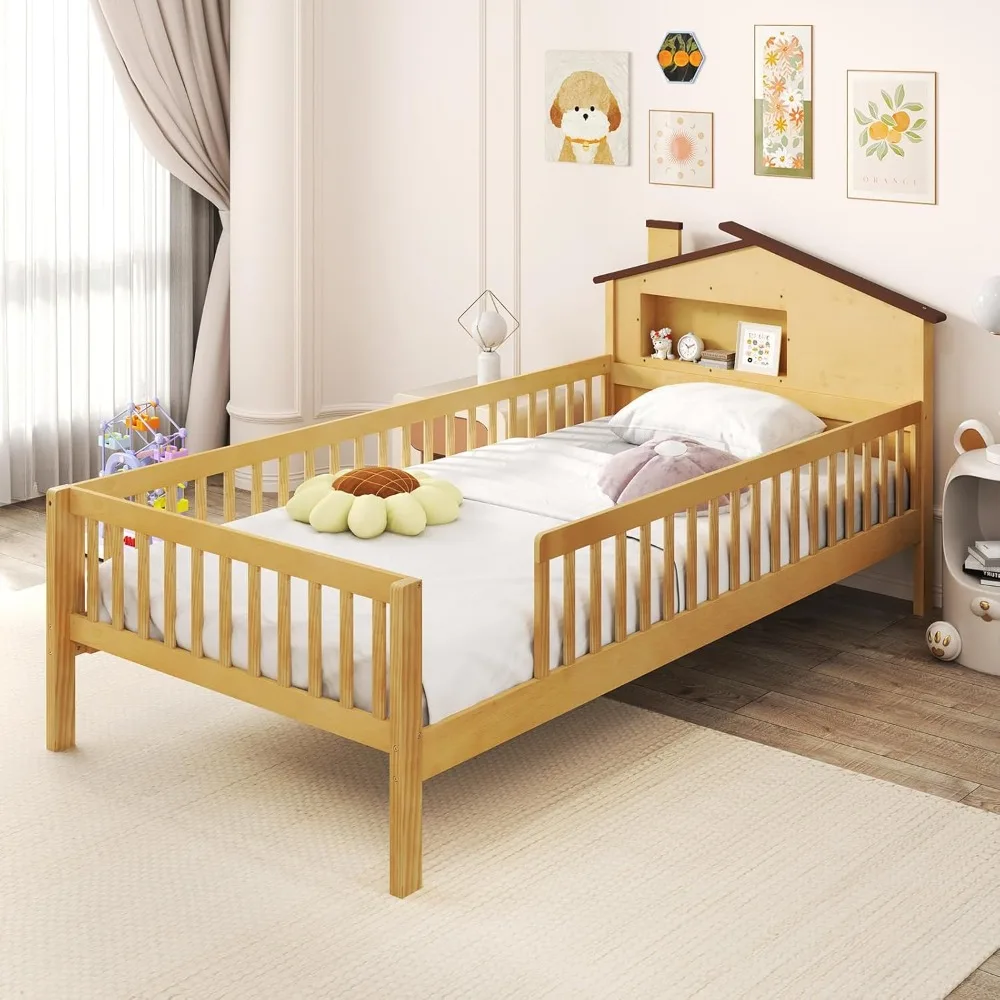 

Giantex Twin Kids Bed Frame, Solid Wood Montessori Bed with Guardrails & House-Shaped Headboard, Built-in Storage Shelf, No Box