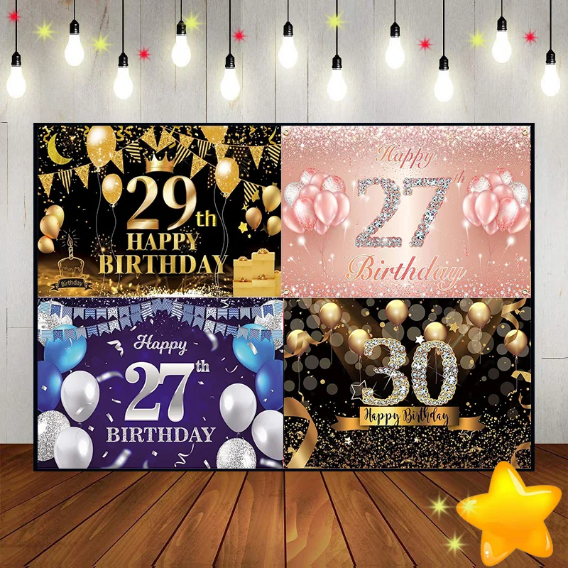 Happy 26th27th28th29th30th Birthday Red Custom Backdrop Background Cartoon Photo Golden Green Screen Balloon Game Machine Sweet