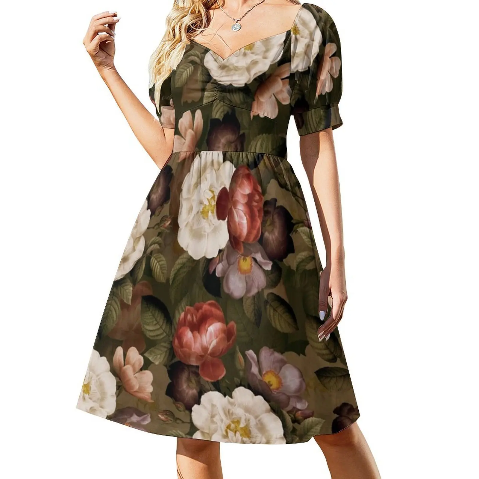 فستان قصير أخضر عتيق طبيعي للخريف نباتي للحديقة الليلية على طراز Preppy للنساء على شكل حرف a فضفاض مناسب فستان يوم غير رسمي داكن #2