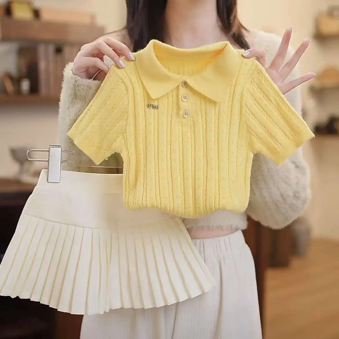 

Girls' Summer Pleated Skirt Set 2025 New Korean Version Baby Girl Knitted Short Sleeved Skirt Two-piece Set 90-140CM