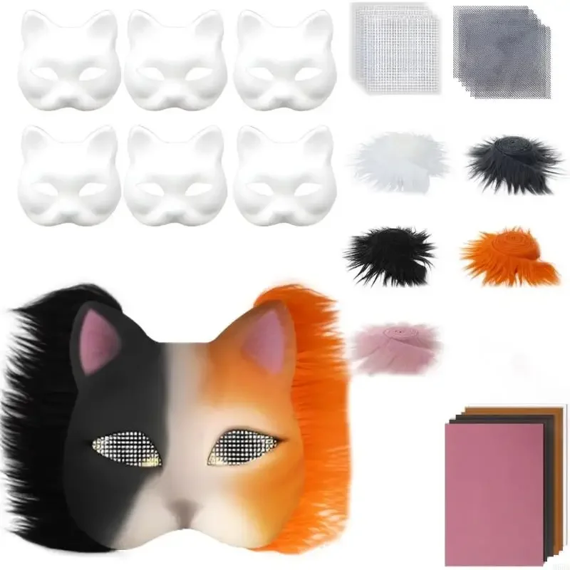 

M68A Cats Foxes Mask with Furs Eye Meshes Sticker,Therians Dress Up Mask to Paint,Animal Mask Arts Craft Costume Mask