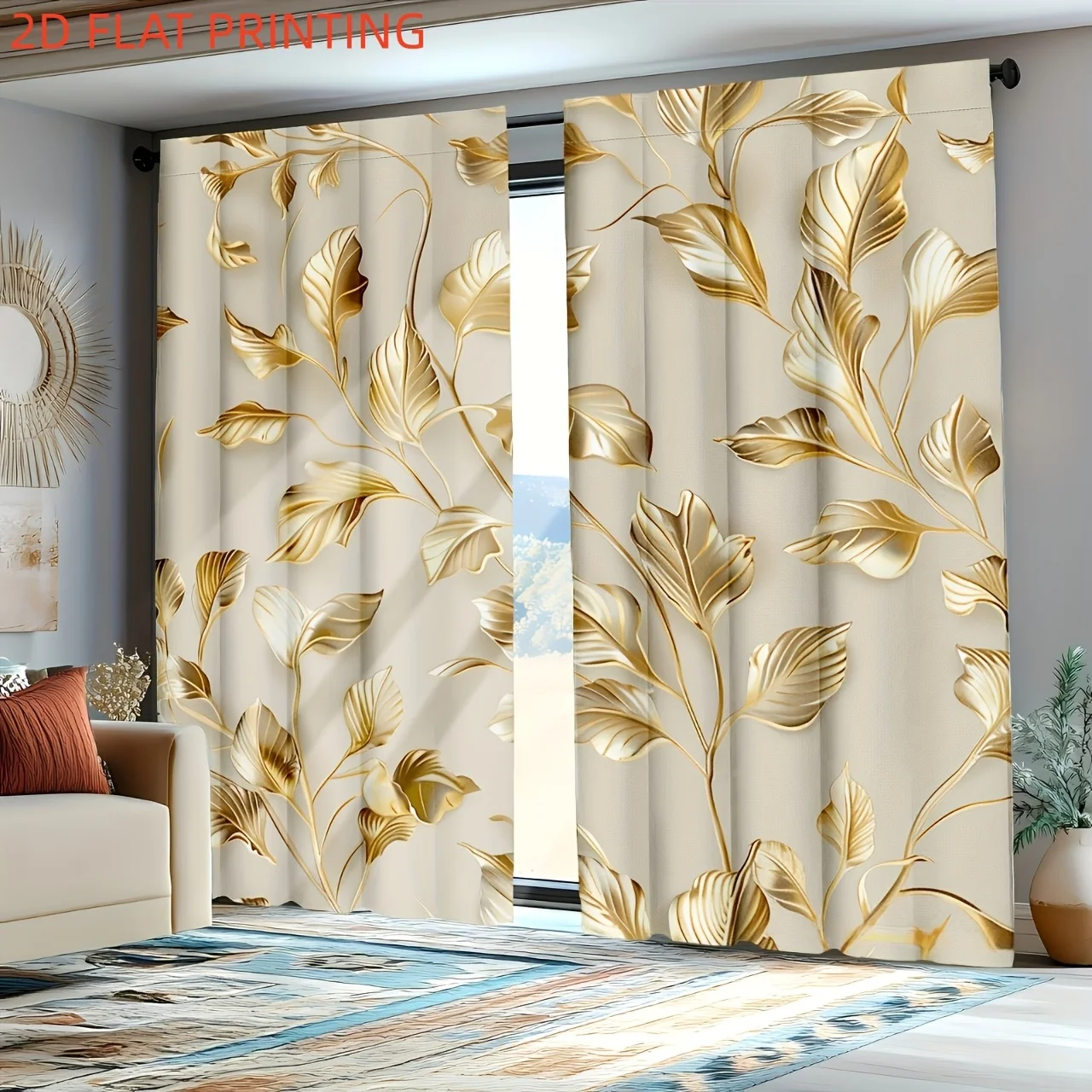 Luxury 3D Gold Leaf Print Curtains Elegant Botanical Window Drapes for Bedroom Living Room Hotel  Privacy Protection Quick Setup