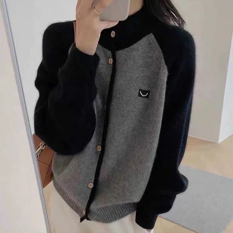 Autumn Winter Smiling Embroidered Loose Knitted Cardigan WomenFashion Vintage All-match Woolen Sweater Chic Patchwork Knitwear