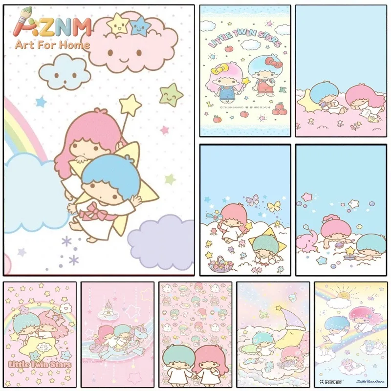 Little Twin Stars Cloud Rainbow Canvas Wall Art Cute Sanrio Anime Print Unframed Canvas Painting For Kids Bedroom Wall Decor Gir
