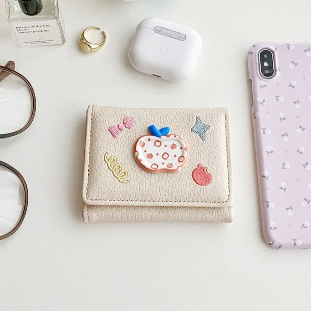 أزياء الكرتون أبل محفظة قصيرة متعددة فتحة للبطاقات التطريز حامل بطاقة جلدية محفظة للعملة النساء #3